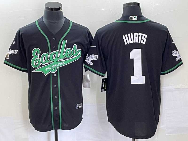 Mens Philadelphia Eagles #1 Jalen Hurts Black Cool Base Stitched Baseball Jerseys